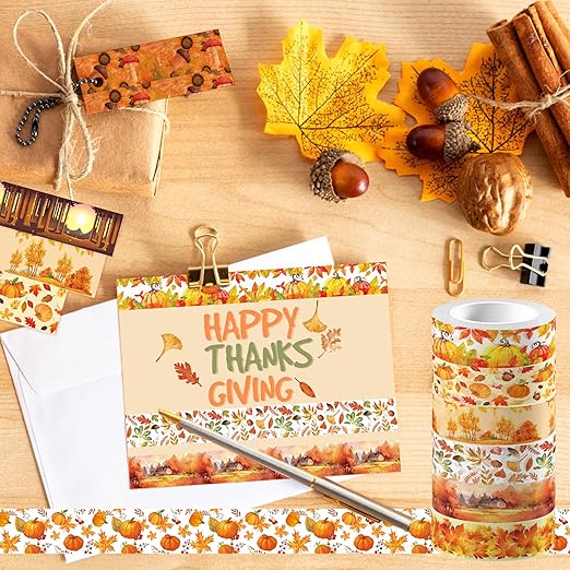 12 Rolls Fall Washi Tape, Thanksgiving Autumn Maple Leaves Pumpkin Masking Washi Tape Thanksgiving Harvest Decorative Tape Sticker for Scrapbook, Journal, DIY Craft, Gift Wrapping, Card Making