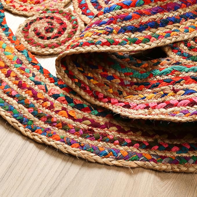 3' Round Handwoven Jute Chindi Area Rug - Colorful Boho Rugs for Living Room - Hand Braided Multicolor Bohemian Rug for Farmhouse, Bedroom, Dining Room, Classroom, Hallway, Kitchen, Office