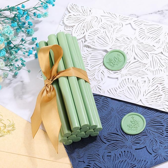 Yoption 15 Pieces Sage Green Glue Gun Sealing Wax Sticks for Wax Seal Stamp, Great for Wedding Invitations, Envelopes, Cards, Christmas Gift Ideas, Wine Packages