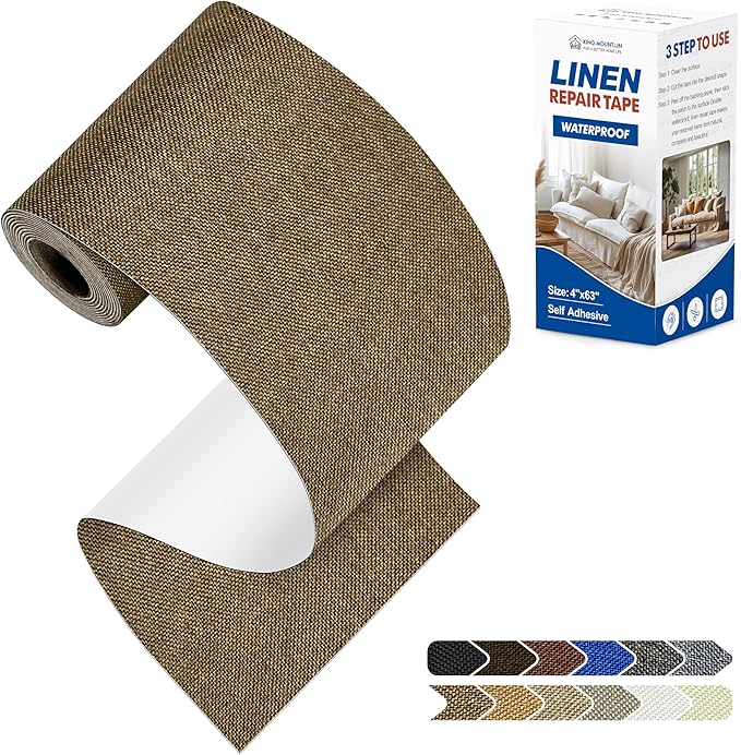 KING MOUNTAIN Linen Repair Patches, Self-Adhesive Linen Fabric Patches, 4 X 63 inch Extra Size, Multi Color, Can be Used for Linen Sofa Repair and Linen Clothes Repair (Brown)