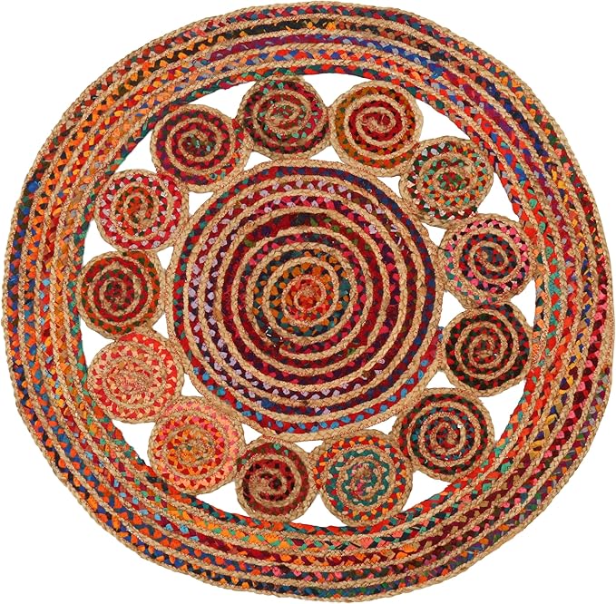 3' Round Handwoven Jute Chindi Area Rug - Colorful Boho Rugs for Living Room - Hand Braided Multicolor Bohemian Rug for Farmhouse, Bedroom, Dining Room, Classroom, Hallway, Kitchen, Office