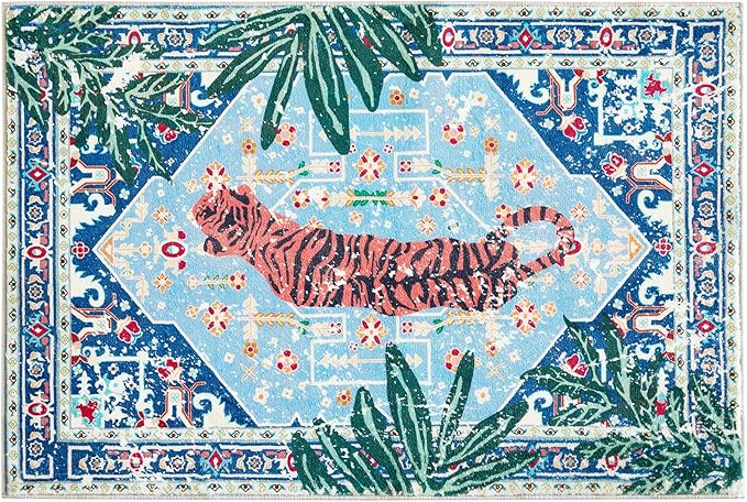 Washable Blue Rugs Thin Oriental Boho Vintage Tropical Jungle 9x12 Area Rugs for Bedroom Kitchen Dining Living Room Office Distressed Indoor Large Carpet