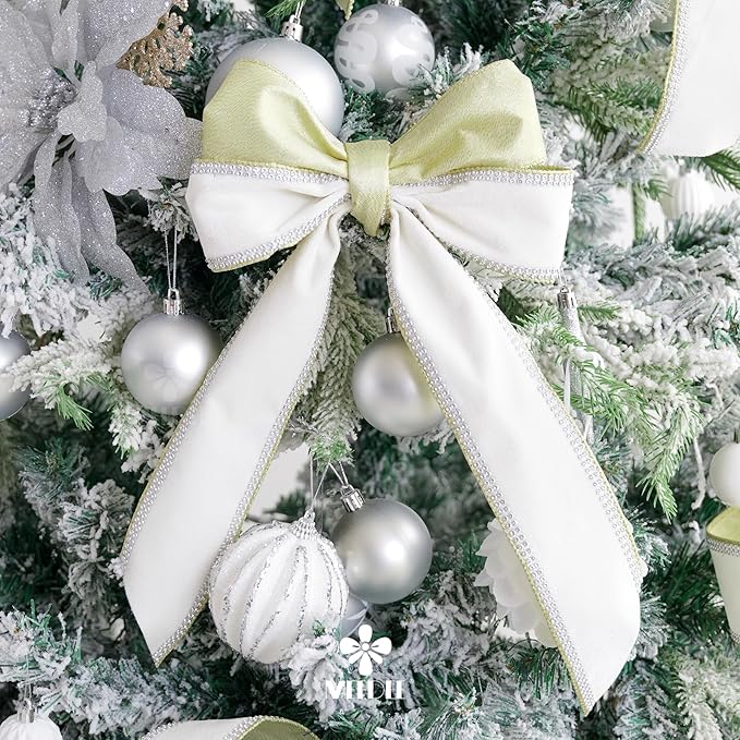 MEEDEE Gold & White Velvet with Rhinstone Edge Wired Ribbon 2.5 Inch Luxury Jeweled Ribbon 5 Yards Sparkling Rhinestone Trim for Christmas Tree, Garland, Wreaths, Holiday Home Decor, Wedding Decor