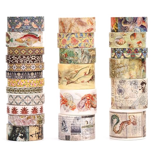 Vintage Washi Tape Set - 24 Rolls Arts Adhesive Tapes Assorted Retro Decorative Masking Tape Sets for Craft, Kids, Scrapbook, DIY, Gift Wrapping (3-Ocean Odyssey)
