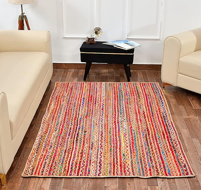 4'x6' Handwoven Jute Chindi Area Rug - Colorful Boho Rugs for Living Room - Hand Braided Multicolor Bohemian Rug for Farmhouse, Bedroom, Dining Room, Classroom, Hallway, Kitchen, Office