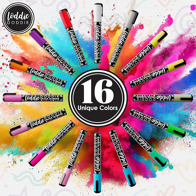 Loddie Doddie Chalk Markers - Pack of 16, 6mm Bullet & Chisel Tips Chalk Pens - Dust-Free Erasable Ink & Dry Erase Markers - Vibrant Pastel & Neon Colors - Pastel Art Pens - Fine & Bold Lines