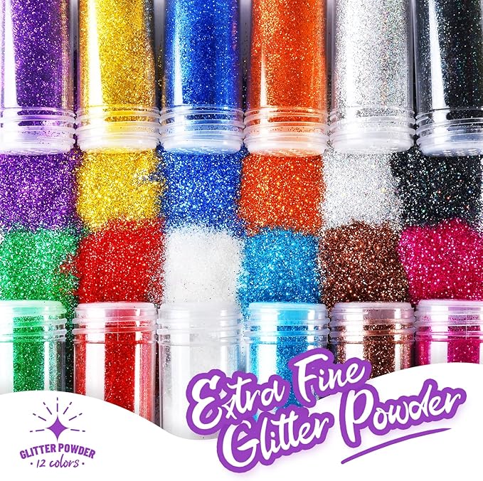 FANDAMEI 12 Pieces Fine Glitter, 12 Colors 10g Glitter Shake Jar Set, Extra Fine Glitter Powder for Arts, Crafts, Painting, Decoration, Body Face Makeup, Nail Art, Pigment