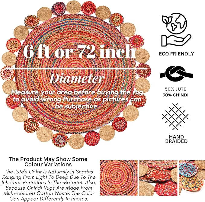 6' Round Handwoven Jute Chindi Area Rug - Colorful Boho Rugs for Living Room - Hand Braided Multicolor Bohemian Rug for Farmhouse, Bedroom, Dining Room, Classroom, Hallway, Kitchen, Office