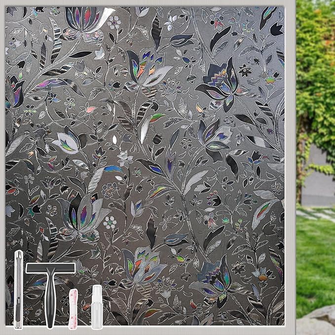 NINETREX Window Privacy Film,Decorative Window Film Frosted,Stained Glass Window Cling,Heat Blocker Non-Adhesive for Home,Grayish Black 29.5 x 78.7inch