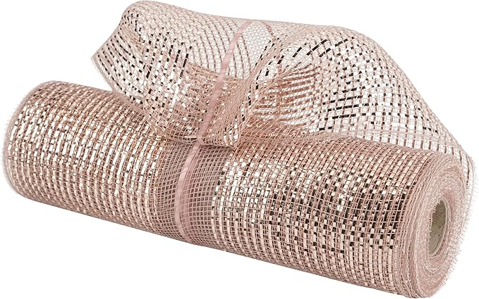 MEEDEE Rose Gold Deco Mesh 10 Inch Deluxe Wide Foil Metallic Pull Up Mesh Rose Gold Decorative Mesh Ribbon for Christmas Tree, Wreaths, Garland, Gift Wrapping, Bows Making (30 Feet)