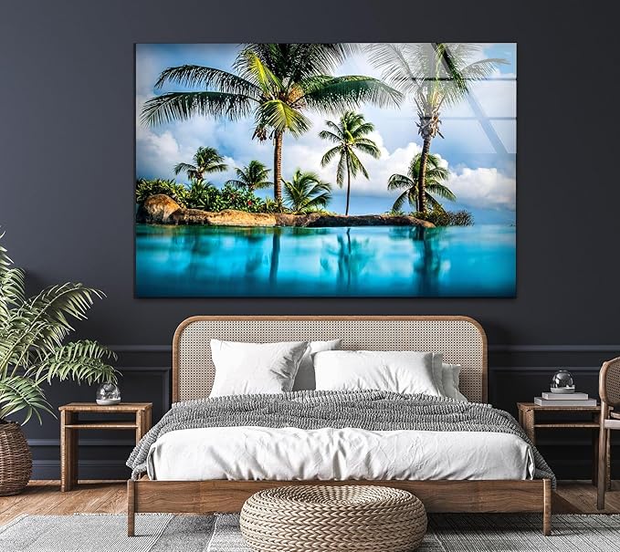My Photostation.com 20Wx14H'' Island & Blue Sea Glass Wall ArtTempered Glass Printing Wall Decor Large Wall Art Wall Hangings