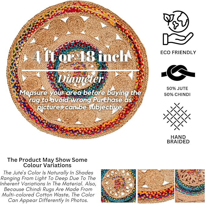 4' Round Handwoven Jute Chindi Area Rug - Colorful Boho Rugs for Living Room - Hand Braided Multicolor Bohemian Rug for Farmhouse, Bedroom, Dining Room, Classroom, Hallway, Kitchen, Office