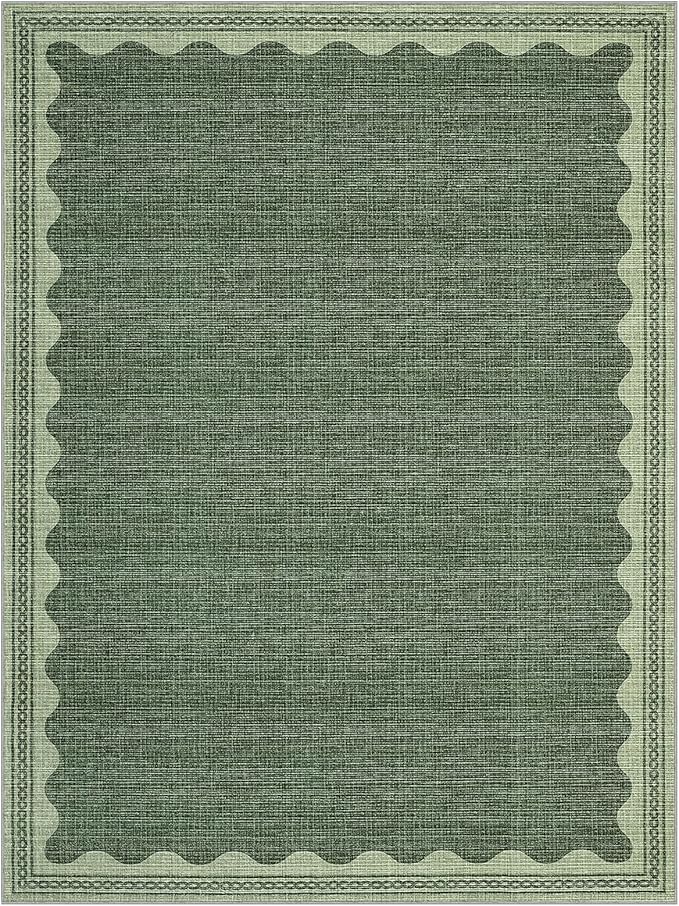 Scalloped Washable Rug 8x10 Area Rugs for Living Room, Solid Green Rug for Bedroom Girls, Non Slip Throw Carpet with Rubber Back, Soft Dorm Nursery 8x10 Rugs for Dining Room