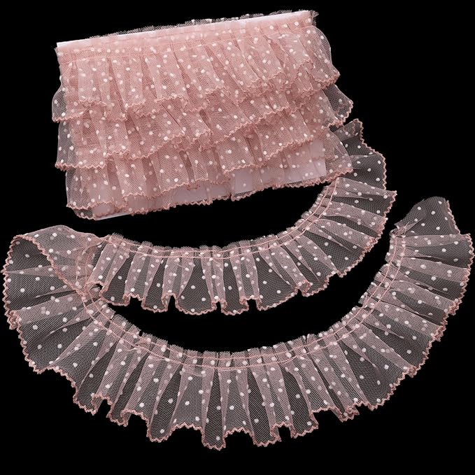Dots Lace Ruffle Trim for Sew, Crafts 2.4" x5yd Single Layer Pleated Edge Lace Ribbon (Shellpink)