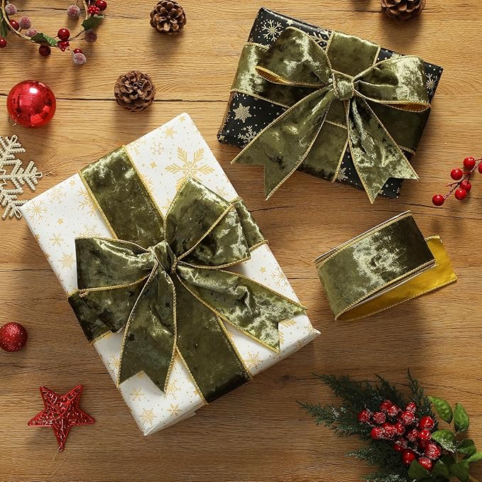 Olive Green Christmas Velvet Ribbon Wired (2.5" × 15 Yards) - Christmas Ribbon for Christmas Tree Decoration/Gift Wrapping/Crafts Wreaths Supplies