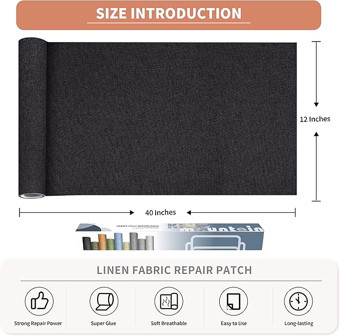 Fine Linen Fabric Patches, Self-Adhesive, Extra Large 12x40 Inch, Multi Color, for Sofa & Clothes Repair