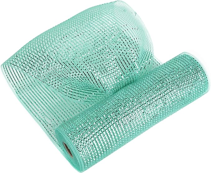 MEEDEE Mint Green Deco Mesh 10 Inch Deluxe Wide Foil Metallic Xmas Mesh Christmas Tree Ribbon Peppermint Mesh Ribbon for Christmas Tree, Wreaths, Garland, Gift Wrapping, Bows Making (30 Feet)