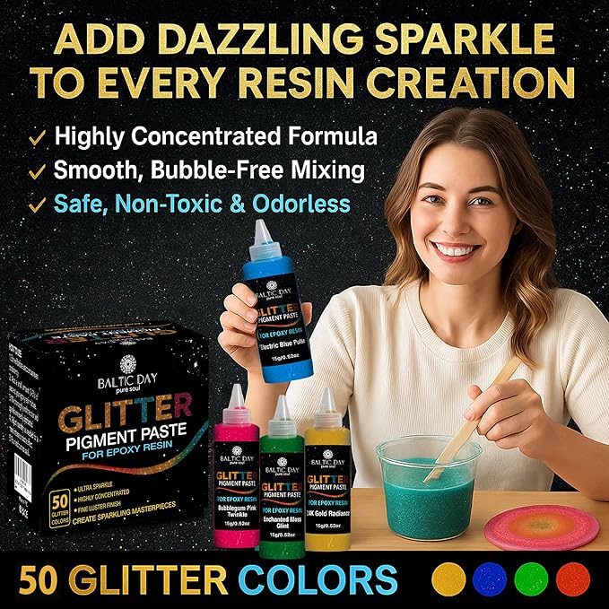50 Color Glitter Pigment Paste for Epoxy Resin, Mica Metallic Resin Pigment Set, Epoxy Dye Paste & High Concentration Mica Powder for Epoxy Art, Jewelry, Tumblers, Coasters & Crafts