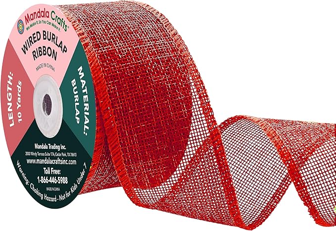 Mandala Crafts Red Burlap Wired Ribbon 2 Inches Wide Jute Ribbons for Crafts - 10 Yds Roll Rustic Burlap Wrap Trim Ribbons for Wreaths Bows Party Decoration
