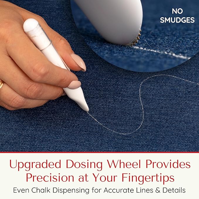 Fabric Markers for Sewing – Ergonomic Tailors Chalk Pen with Improved Dosing Wheel for Sharp Lines - Washable Sewing Chalk Marking Pens that are Compatible with Most Fabrics - White and White 2 Pack