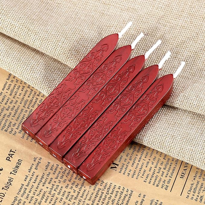 Yoption 5 Pcs Metallic Red Sealing Wax Sticks with Wicks for Wax Seal Stamp, Wedding Invitations, Envelopes, Gifts Sealing
