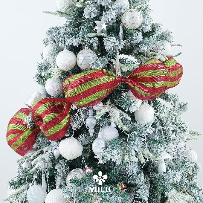 MEEDEE Red and Lime Deco Mesh 10 Inch Deluxe Foil Metallic Striped Deco Mesh Wreath Supplies Red and Green Christmas Mesh Ribbon for Christmas Tree, Garland, Gift Wrapping, Bows Making (30 Feet)