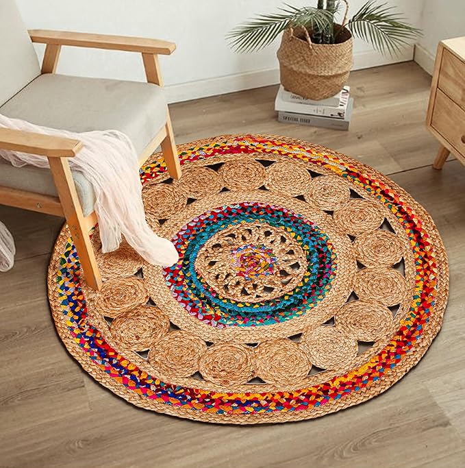 6' Round Handwoven Jute Chindi Area Rug - Colorful Boho Rugs for Living Room - Hand Braided Multicolor Bohemian Rug for Farmhouse, Bedroom, Dining Room, Classroom, Hallway, Kitchen, Office