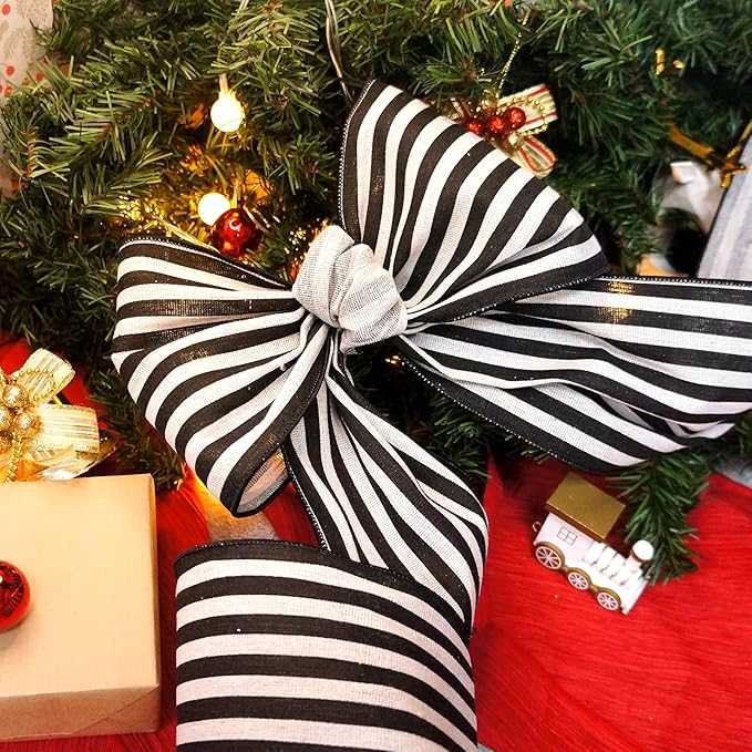 CT CRAFT LLC Striped Canvas Cotton Ribbon 6" x 10 Yards Ivory/Black Stripes for Thanksgiving Christmas Home Décor Gift Wrapping Outdoor Tree Topper Bow Wreath