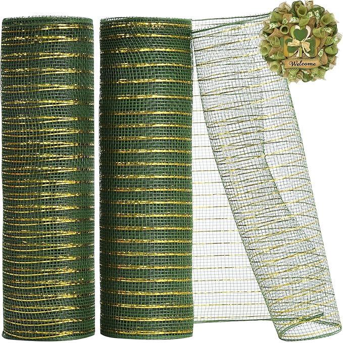 TONIFUL 2 Rolls 10 Inch Sage Green Decorative Mesh Ribbbon Rolls, Fabric Mesh with Foil for Wreath Supplies, Front Door Wreath Crafts Tree Decor Christmas NewYears Halloween Decoration (10 yds/roll)