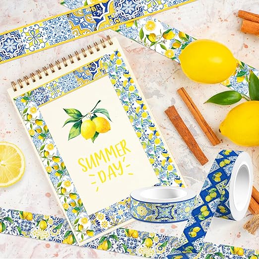 Lemon Washi Tape 12 Rolls, Blue Tiles Yellow Lemon Printed Decorative Washi Tape Set, DIY Art Crafts Wrapping Decor for Gifts Wrapping,Wedding Bridal Shower
