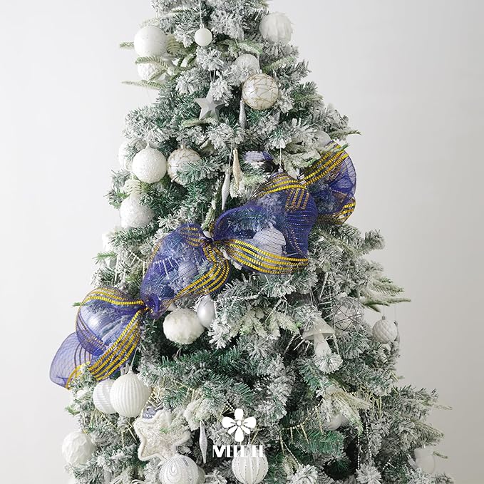 MEEDEE Navy Deco Mesh 10 Inch Deluxe Wide Foil Gold Border Mesh Metallic Mesh Fabric Navy Blue & Gold Mesh Ribbon for Christmas Tree, Wreaths, Garland, Gift Wrapping, Bows Making (30 Feet)
