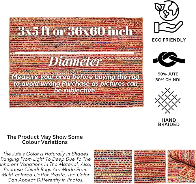 3'x5' Handwoven Jute Chindi Area Rug - Colorful Boho Rugs for Living Room - Hand Braided Multicolor Bohemian Rug for Farmhouse, Bedroom, Dining Room, Classroom, Hallway, Kitchen, Office