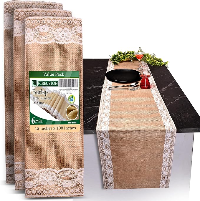 Burlap Lace Table Runner (Pack of 6) – 12”x 108” - No-Fray Finished Edge Natural Table Runner – No Odor, Eco-Friendly Burlap Runner - Perfect for Christmas, Wedding, Thanksgiving