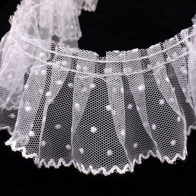 Dots Lace Ruffle Trim for Sew, Crafts 2.4" x5yd Single Layer Pleated Edge Lace Ribbon (White)