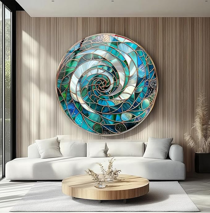 My Photostation.com 15.8''(40cm) Diameter Aqua Spiral Harmony Round Glass Wall Art Tempered Glass Printing Wall Decor Large Wall Art Wall Hangings