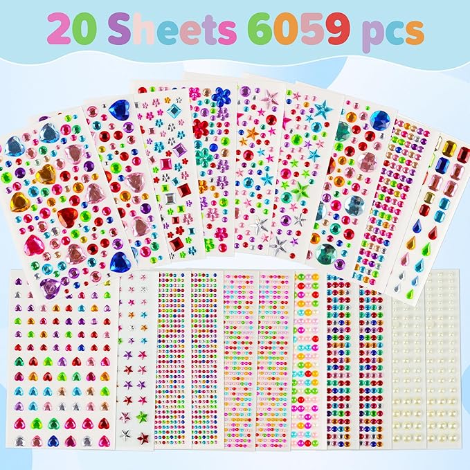 6059 PCS Gem Stickers,Gem for Crafting,Jewels Rhinestones for Crafts,Self Adhesive Stick on Gems Gemstones Diamond Stickers for Face Scrapbook Supplies DIY Craft Art,Heart Pearl Small Sticker for Kids