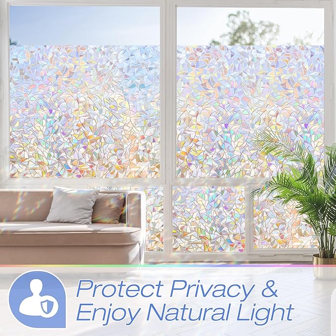 Homein Window Privacy Film, Rainbow Window Film Decorative 3D Window Clings Non Adhesive Window Tint for Home, Stained Glass Window Film for Glass, UV Blocking, 17.5 x 78.7 inches