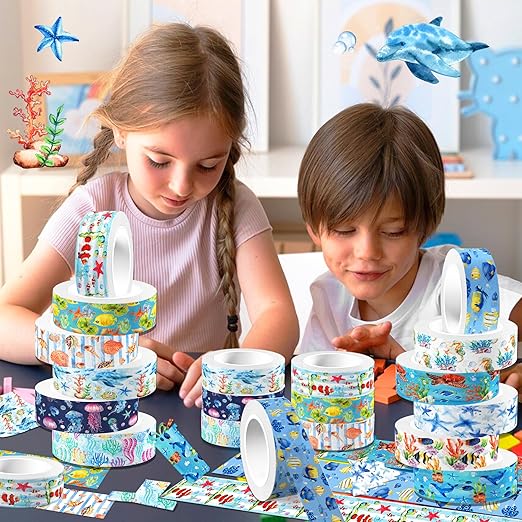 Ocean Washi Tape Set 12 Rolls,Decorative Tape Washi Tape,Tropical Style Sea Animals Ocean Party Decorative Tape Sticker for Scrapbook Journal DIY Art Crafts Gift Wrapping
