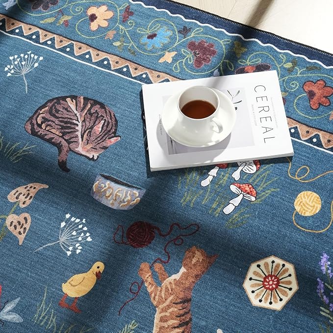 Rugcomf Runner Rug for Kitchen Non Slip 2'x6' Washable Rugs with Rubber Backing Soft Floral Animal Cat Carpet Runner for Kitchen Laundry Bedroom Bathroom, Pearl Gentian Blue