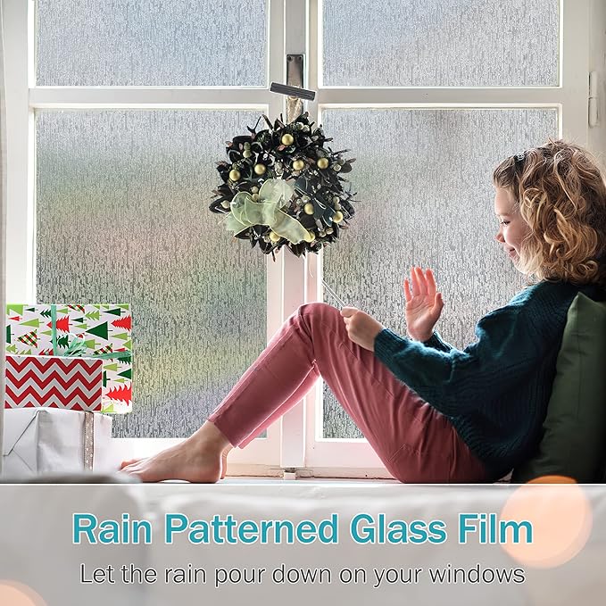 VELIMAX Rain Glass Window Film Privacy Static Window Clings Decorative Glass Sticker for Home Office Removable UV Protection Heat Control 29.5 x 157.48 inches