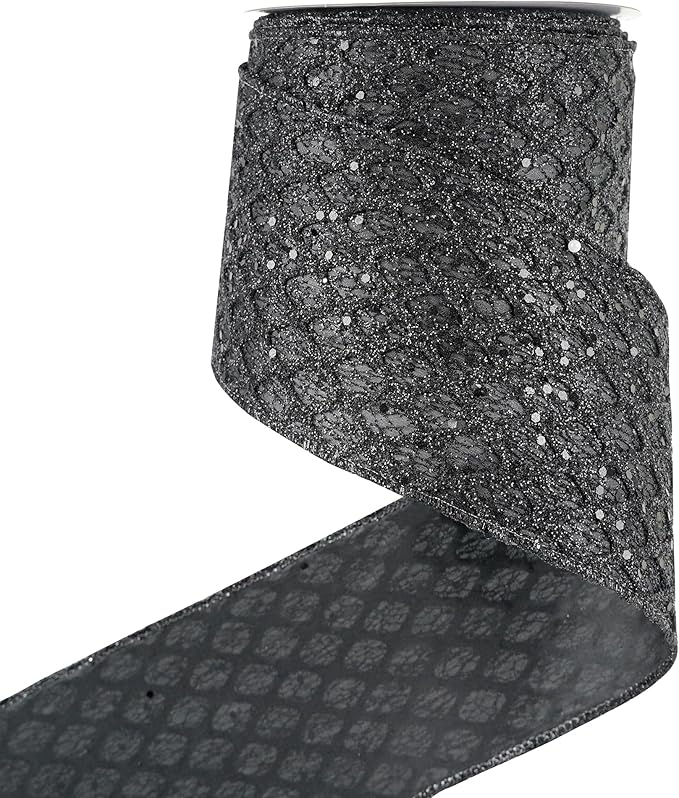 HUIHUANG Black Glitter Wired Ribbon 4 inch Black Christmas Tree Ribbon Diamond Mesh Wire Ribbon for Tree Decorations, Wreaths, Garland, Large Bows Making, Halloween Decor -10 Yards