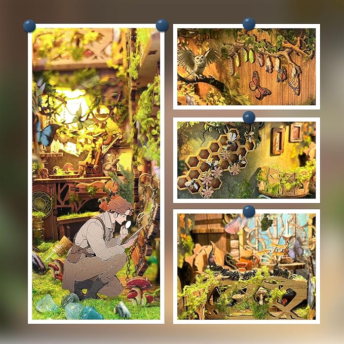 DIY Book Nook Kit,DIY Dollhouse Booknook Bookshelf Insert Decor,3D Wooden Puzzles with LED Dust Cover,Book Nook Miniature Kit,Birthday Halloween Home Decor for Teens Adult-Insects Story