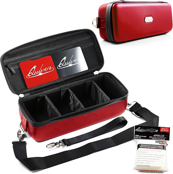 Quiver Time Red Bolt Card Carrying Case fits Pokemon Cards and other TCG Games - Storage Bag for Playing/Trading Cards and Deck Box (Straps, Dividers & 100 Apollo Card Sleeves)