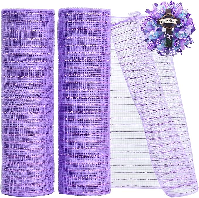 TONIFUL 2 Rolls 10 Inch Lavender Purple Decorative Mesh Ribbbon Rolls, Fabric Mesh with Foil for Wreath Supplies, Front Door Wreath Tree Decor Christmas NewYears Halloween Decoration (10 yds/roll)
