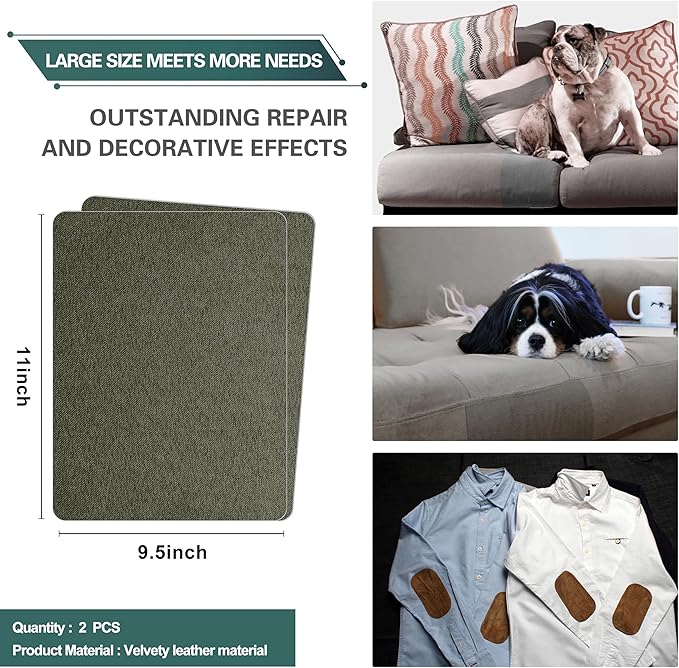 Azobur Couch Patch Repair Fabric,Microfiber Fabric, Self-Adhesive, for Sofa Repair and Upholstery, 2 Pieces, 9.5 x 11 inches (Olive Green)