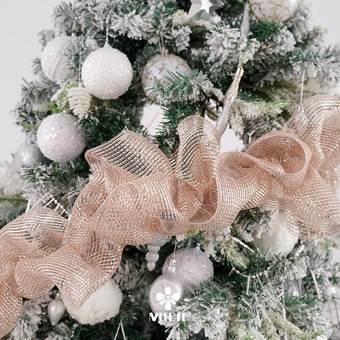 MEEDEE Rose Gold Deco Mesh 10 Inch Deluxe Wide Foil Metallic Pull Up Mesh Rose Gold Decorative Mesh Ribbon for Christmas Tree, Wreaths, Garland, Gift Wrapping, Bows Making (30 Feet)
