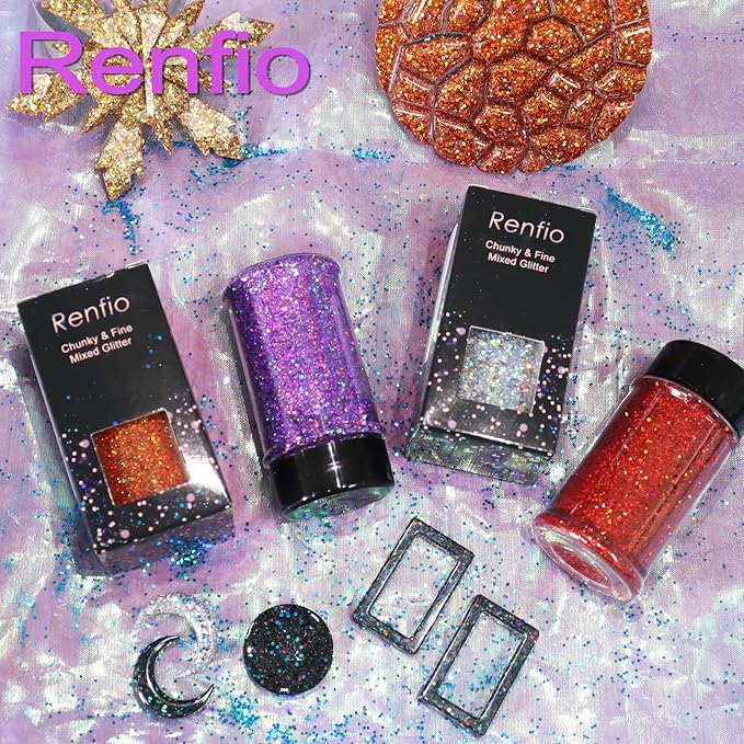 Renfio Holographic Glitter, 2.11oz/60g Medium Size Chunky Mix, Ultra Fine Gold Sequins for Crafts, Christmas, Resin, PET Flakes for Nail Art, Tumblers, Slime - Laser Gold