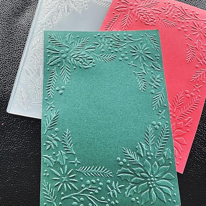 Arbuya 3D Christmas Plastic Embossing Folders for Card Making 3 d Evergreen Holly Leaves Frame Embossing Folder for Gift Tag Paper Crafting Home Decoration 5"x7"