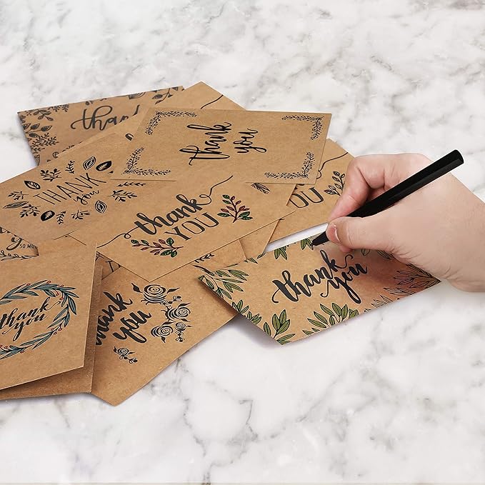 Thank You Cards With Envelopes - 160 Sets Premium Kraft Thank You Cards Bulk - TY Notes with 8 Graceful Designs - Floral Card for Celebration, Wedding, Baby & Bridal Shower 4x6