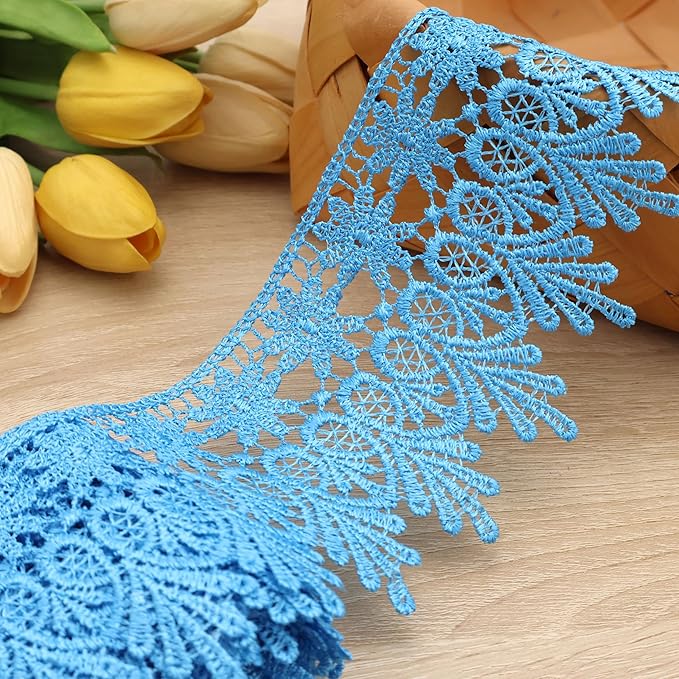 GXTIZAS Blue Lace Trim 5 Yards Wide Venise Lace Ribbon Embroidered Edge Trim for Sewing Crafts Pillow Case